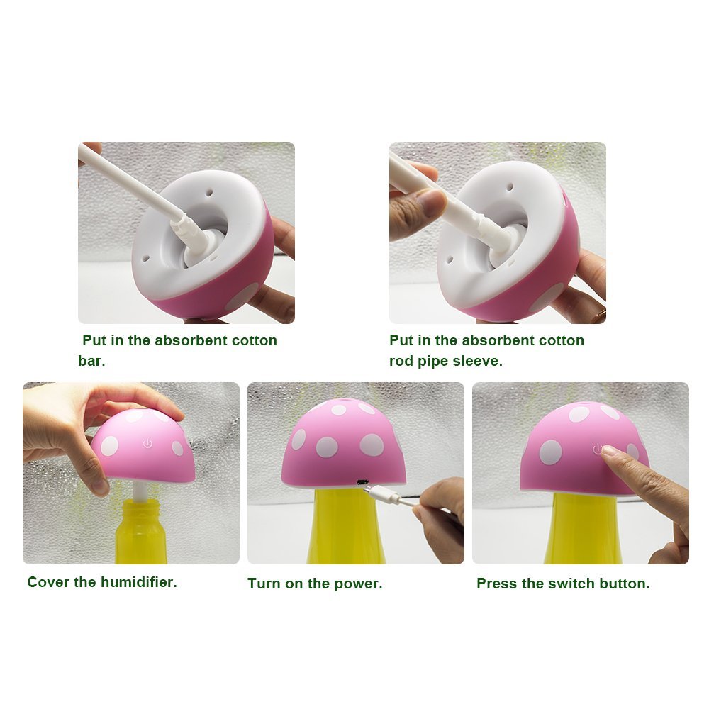 Fasthorse Mushroom Lamp Humidifier Portable USB Aromatherapy Aroma Diffuser for Office Home Travel (Pink)