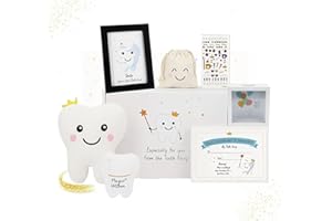 Tooth Fairy Gift Kit for First Lost Tooth – 6-Piece Keepsake Set with Pillow, Coin Bank, Photo Frame, Tooth Bag, Stickers, Ce