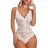 Buitifo Women Lace Bodysuit One Piece Babydoll Backless Mini Teddy V Neck Lingerie