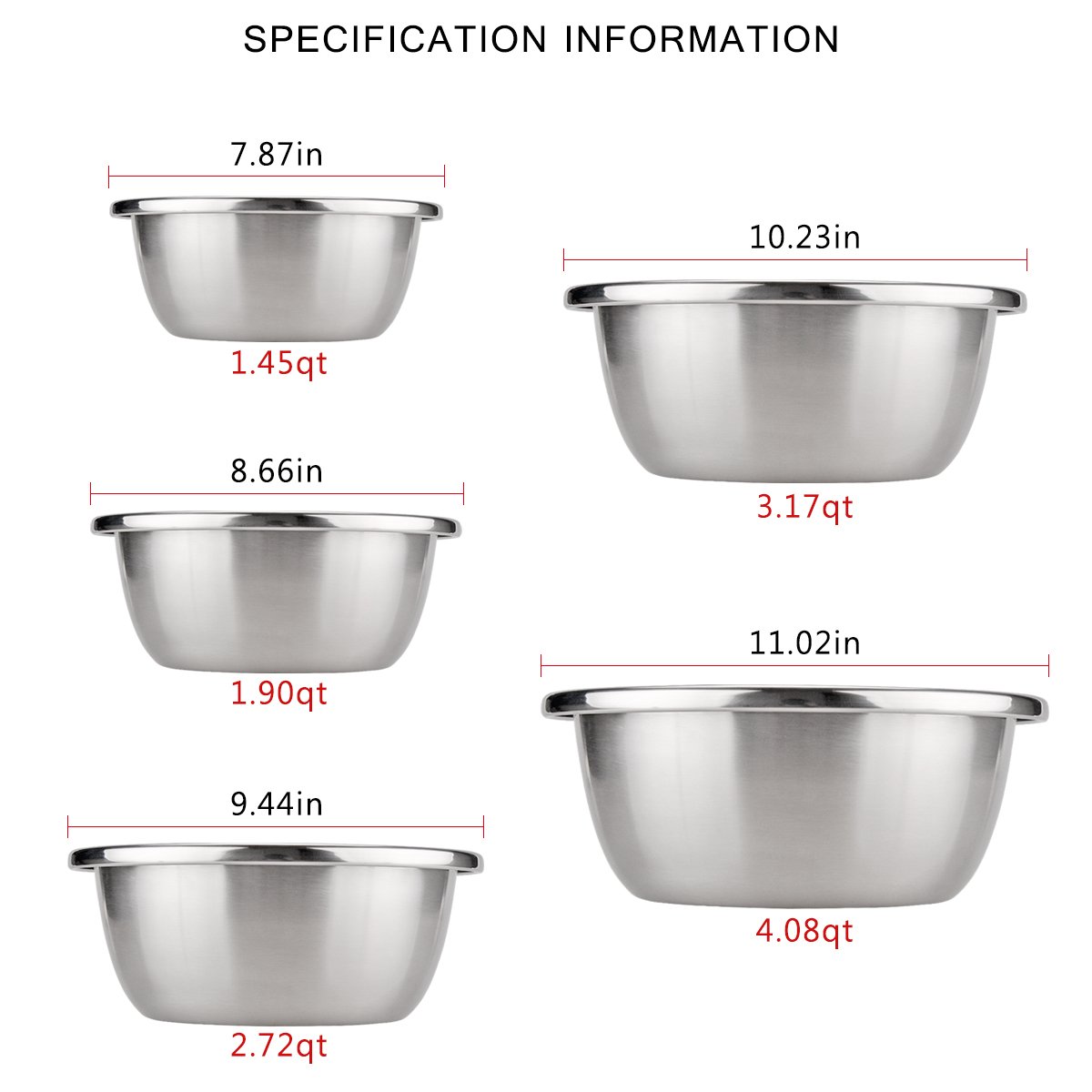 Mixing Baking Bowl Set, Stainless Steel, Solid and Durable, Mirror & Brushed Finish, Flat Bottom, Big Lip, Set of 5
