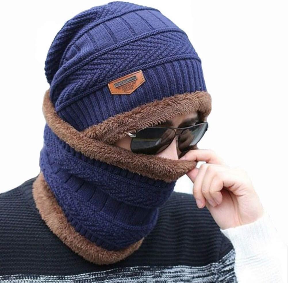 Popinjay® Women's Thick Fleece Lined Warm Knit Winter Beanie Hat Scarf Set (Blue, Free Size)