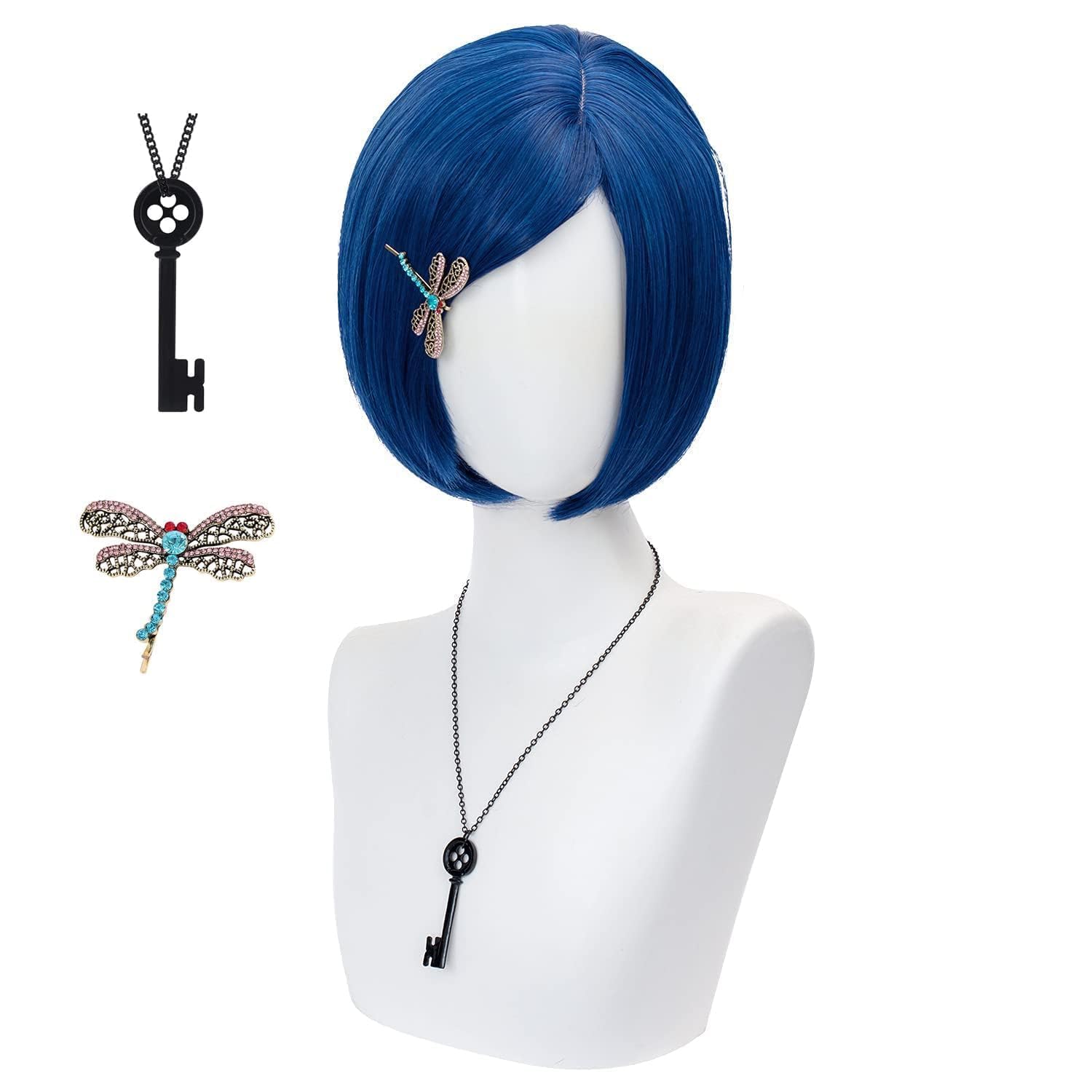 Anime Cosplay Wig for Women, Dark Blue Bob Short Straight Synthetic Wigs with Key Necklace Dragonfly Hairpin, Halloween Costume Party Cosplay Wig — image 1