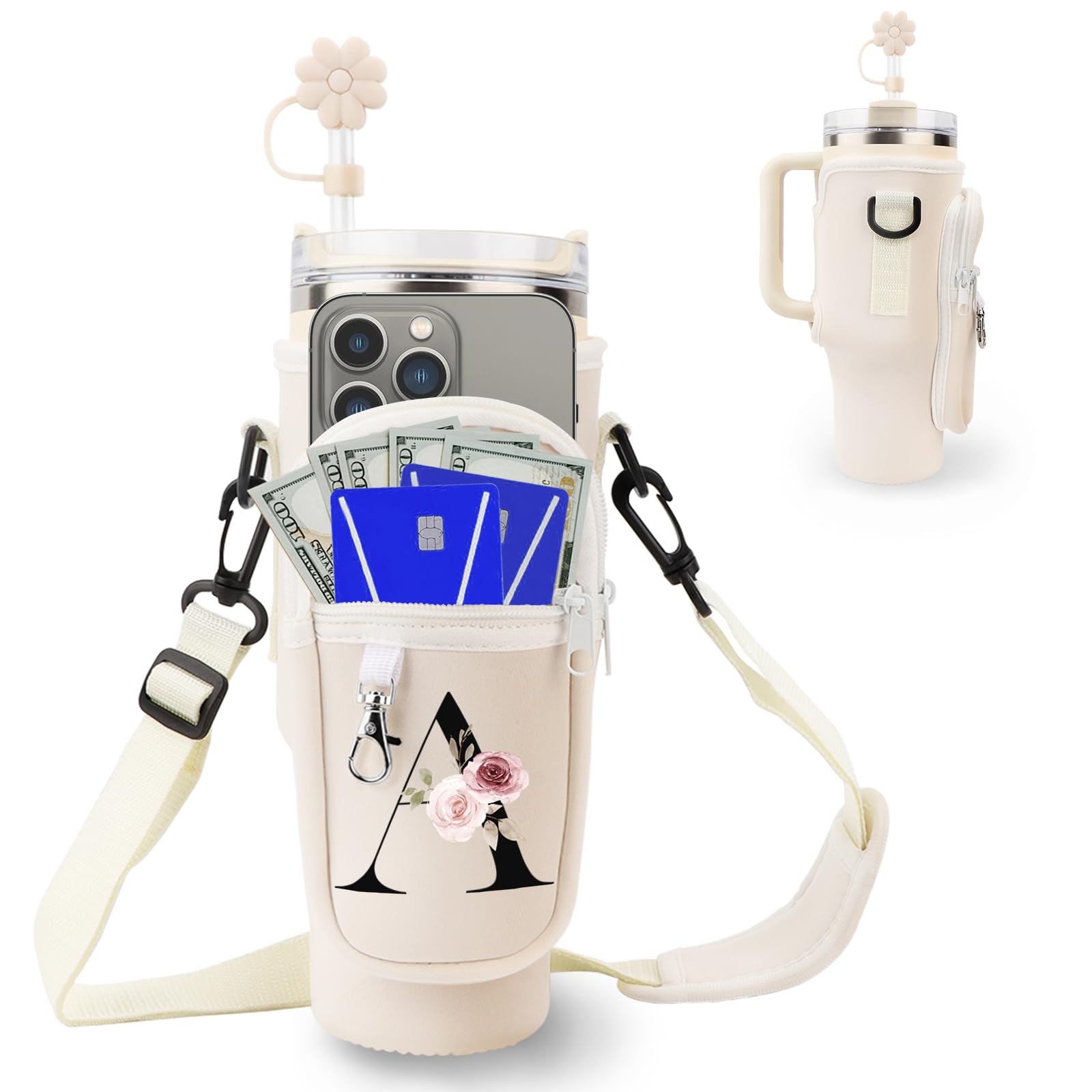 Initial Personalized Water Bottle Bag for Stanley 40oz Tumbler,with Phone Pocket,Neoprene Water Bottle Carrier with Adjustable Strap and Straw Cover & Carabiner,for Stanley Cup Accessories (A)