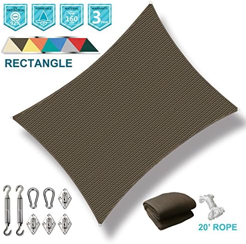 SoLGear 12' x 16' Rectangle Brown Sun Shade Sail with Stainless Steel Hardware Kit for Installation Turnbuckles Brackets Snap Hooks Included Perfect for Patio Outdoor Garden