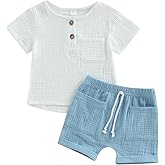 Molgkyo Toddler Baby Boy Summer Clothes Short Sleeve Buttons T-Shirt Tops Drawstring Shorts Sets 2Pcs Cotton Linen Outfits