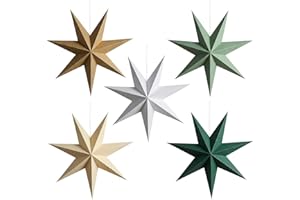 Lewondr Christmas Paper Star Lantern 5 Pack, Hanging 7-Pointed Star Lampshade Decoration, Window Paper Lanterns with 5 Colors for Xmas Wedding Holiday Party 17.72 Inch