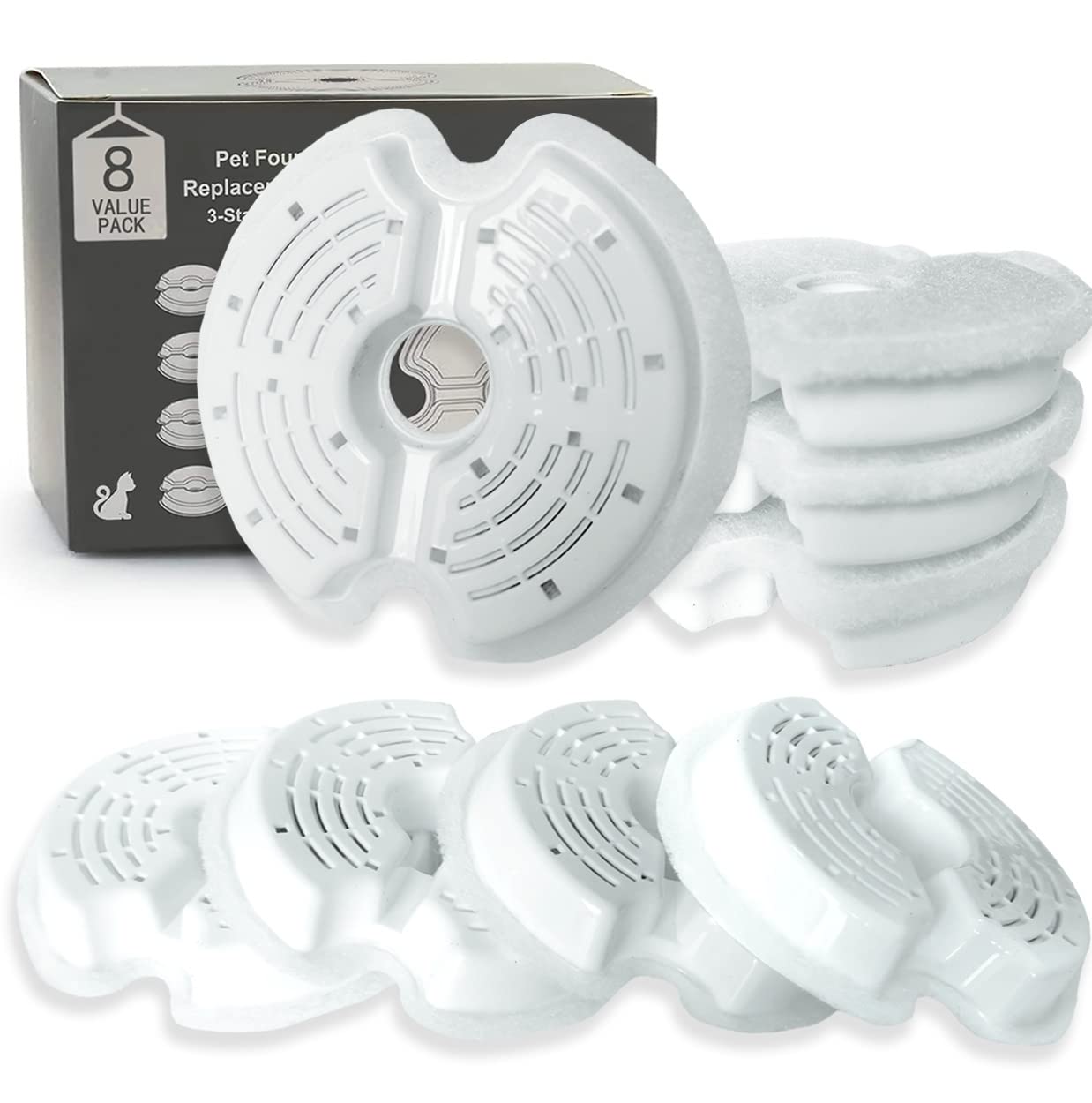 Hantoc 8 Pack Cat Water Fountain Filters - Replacement for 2.5L & 2L Fountains with Resin & Active Carbon
