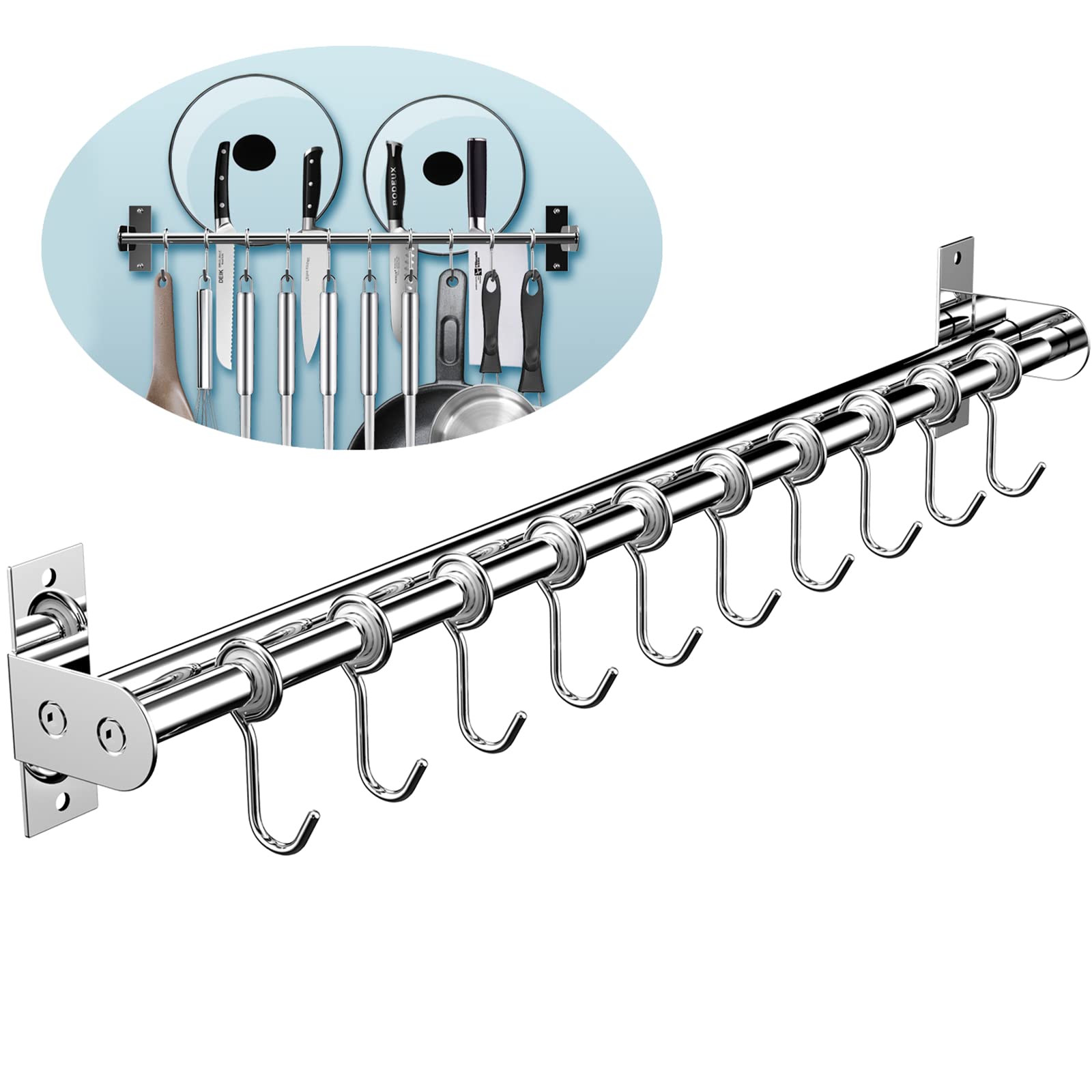Einfagood Pot Rack, Kitchen Hooks Rack 12 Hooks with Magic Adhesivepads No Drilling，Stainless Steel Double Pipe, Extendable Length of 15.75" - 28.50" (12 Hooks)