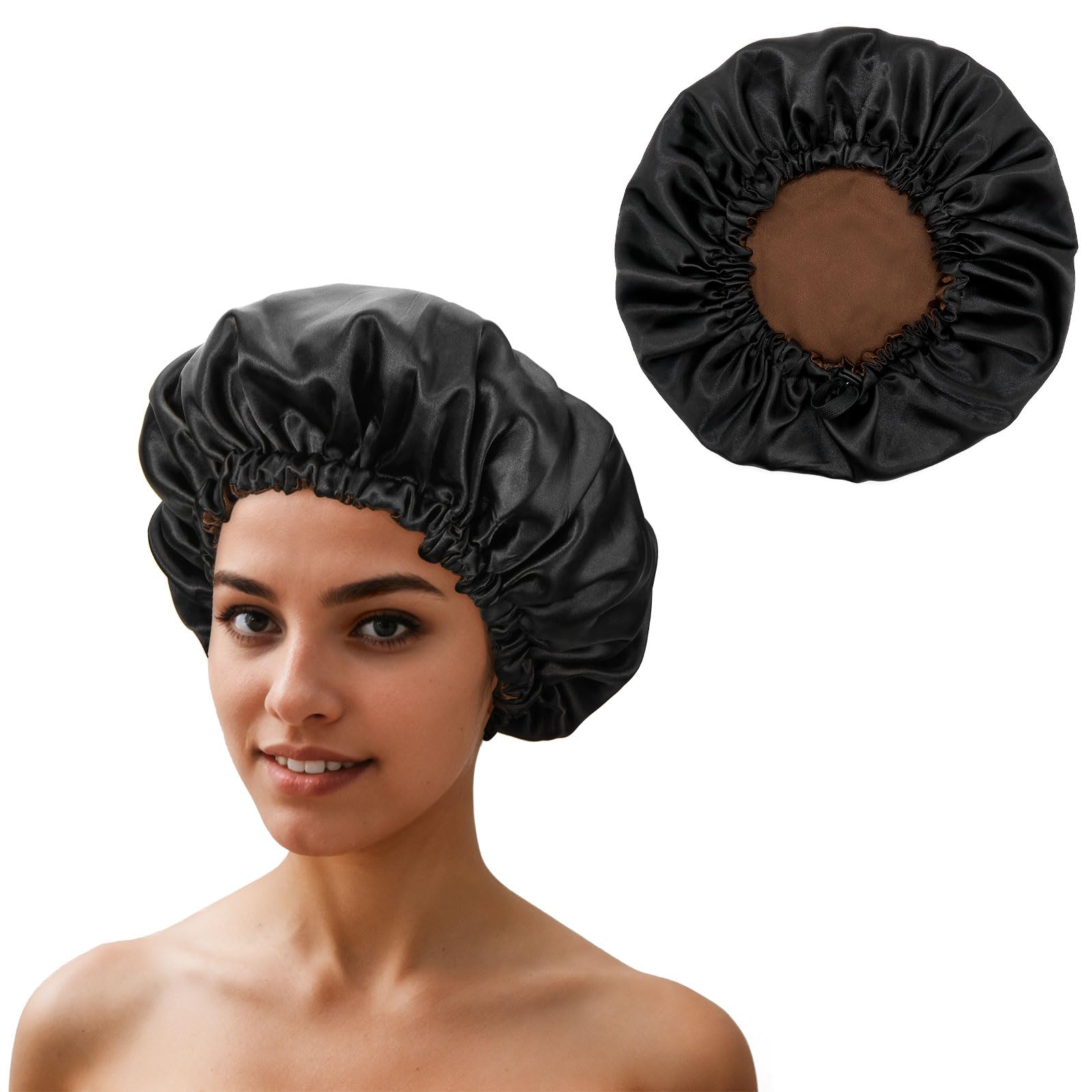 QIUTIMIY Satin Bonnet Wrap for Curly & Long Braid Hair - Black & Brown