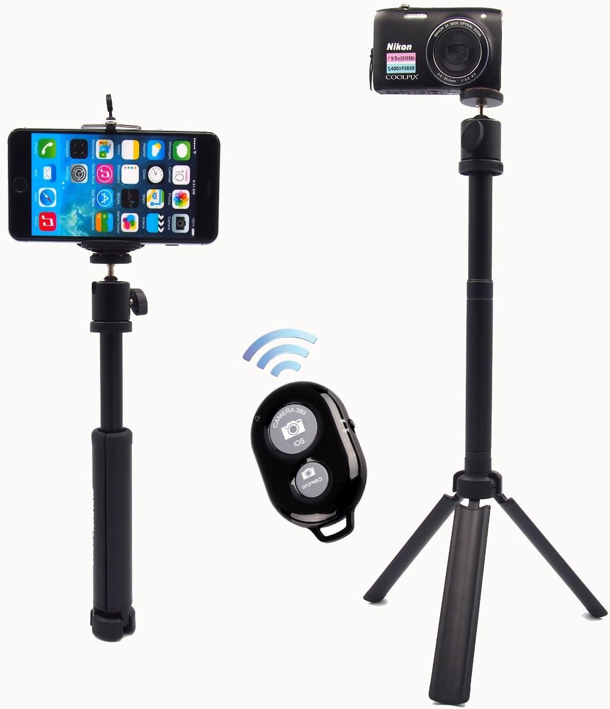 Fotomate Universal Compact Mini Aluminum Tripod-Momopod In One Stand Three Legs Support Multi-purpose Tablepod for Digital Video Digital Camera Pocket Camera Canon / Sony / Nikon With Large Size Phone Holder and Bluetooth Remote Shutter