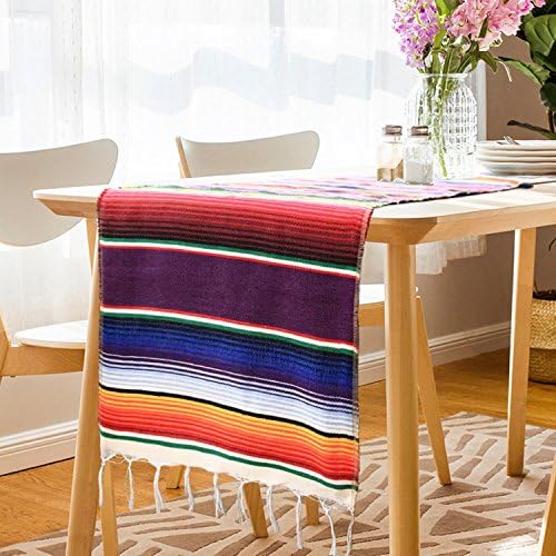 ShineU 84 x 14 inch Mexican Serape Table Runner with Fringed Ends, Vibrant Colors Cotton Woven Table Runner Ideal for Table Cloth Blanket Wall Decoration