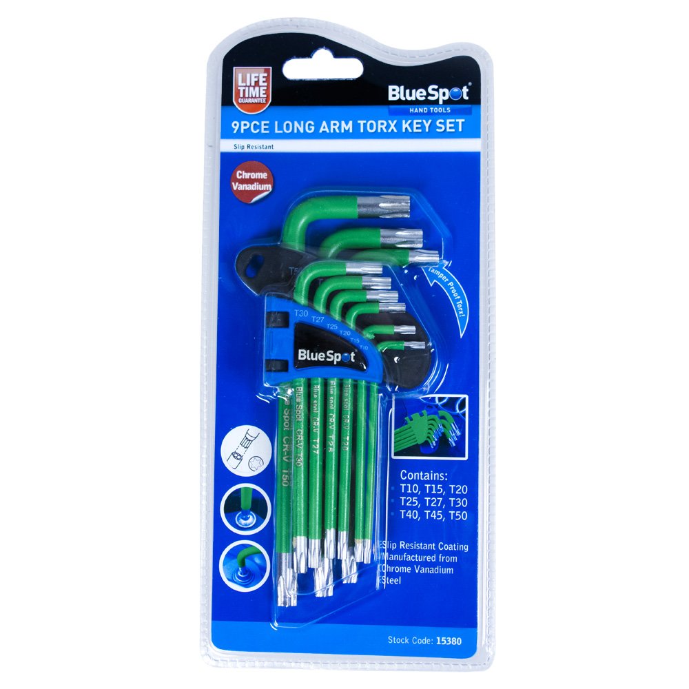 Blue Spot 15380 Long Arm Chrome Vanadium Tamper Proof Torx Key Set, Green, Set of 9 Piece