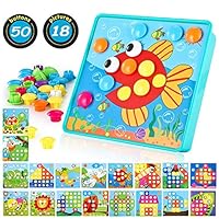 TINOTEEN Button Art Toy for Toddlers,Toddler Activities Crafts Color Matching Early Learning Educational Mosaic Pegboard 50 Buttons and 18 Pictures