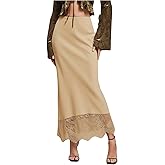 MakeMeChic Women's Satin Lace Maxi Skirt Silk High Waist Fishtail Long Skirts