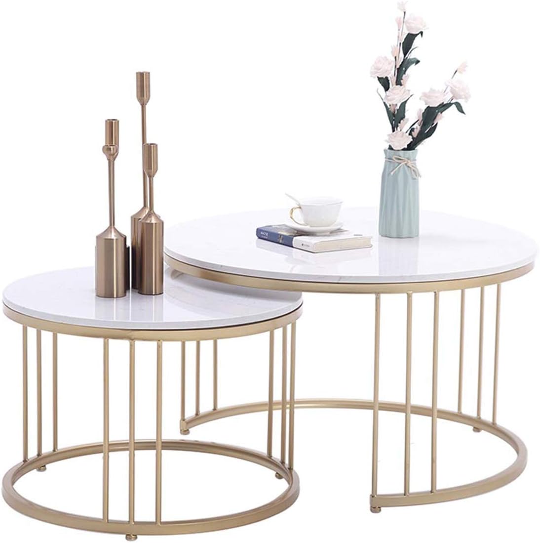Ritlr- Round Marble Coffee Table Set of 2, Nesting Side Tables for Living Room, Coffee End Tables with Metal Golden Frame and Marble Desktop, Modern Nordic Furniture