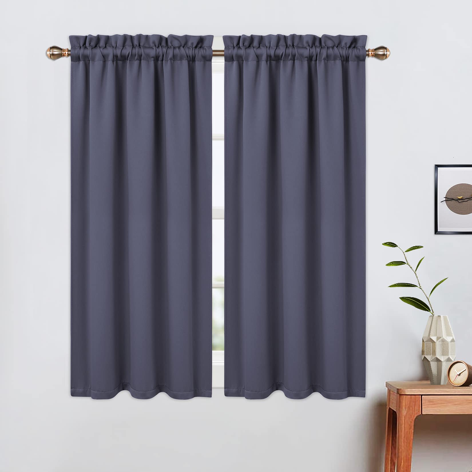 LinTimes Blackout Short Curtains 45 Inches Long for Bathroom Set 2 Panels Rod Pocket Cafe Tier Curtains Light Blocking Blackout Room Darkening Camper Curtains for Small Windows Kitchen Dark Grey