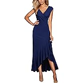 Miusol Women's Elegant V Neck Ruffle Split Style Cocktail Formal Long Dress