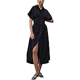 Yeokou Shirt Dress for Women Short Sleeve Button Front Casual Pleated Flowy Maxi Sundress with Pockets