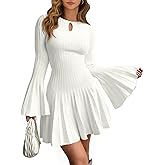 Saodimallsu Womens Long Bell Sleeve Mini Knit Dress Flowy A Line Pleated Bodycon Crew Neck Elegant Short Sweater Dresses