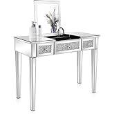 VINGLI Mirrored Vanity Table, Silver Vanity Desk with Flip-Up Mirror, 3 Drawers, Glass Crushed Diamond, Bling Mirror Vanity Desk for Women Girls Bedroom Entryway Home Office Writing Desk