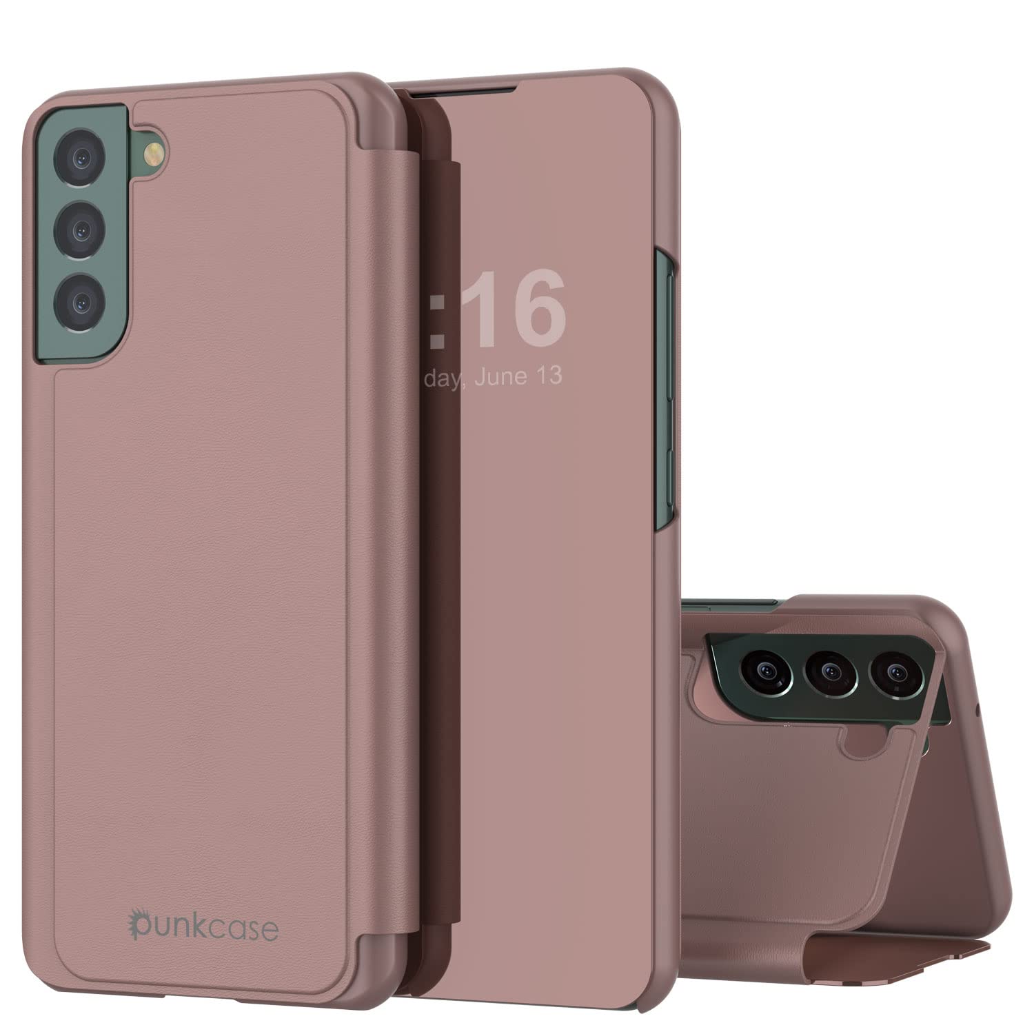 Punkcase S22 Reflector Case Protective Flip Cover W/Scratch Resistant Translucent Mirror Front & Non-Slip PU Leather Back Integrated Kickstand for Galaxy S22 5G (6.1") (2022) (Rose Gold)
