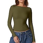 QINSEN Women's Sexy Open Back Long Sleeve Shirts High Neck Double Lined Tees Fitted Going Out Tops