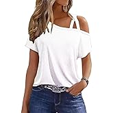 Chvity Womens Criss-Cross One Shoulder Tops Casual Short Sleeve Cold Shoulder Solid Loose Fit Summer Tops Tees