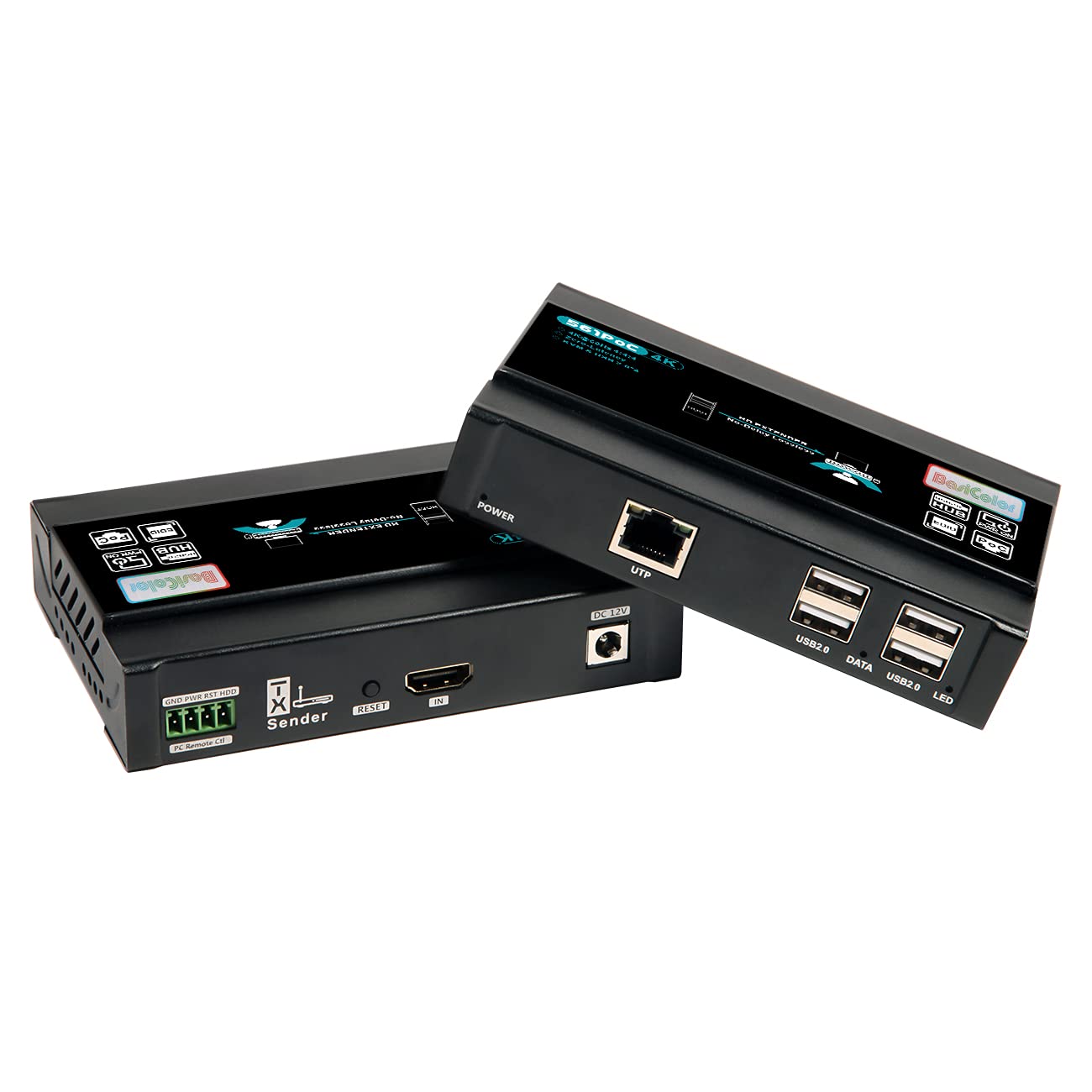 Basicolor HDMI KVM USB Extender, 4K@60Hz Ethernet Extender Over Cat5 Cat6 Up to 196Ft(60m), Video Transmit Lossless and Near Zero Latency, Plug&Play HDMI to Rj45, 4xUSB2.0