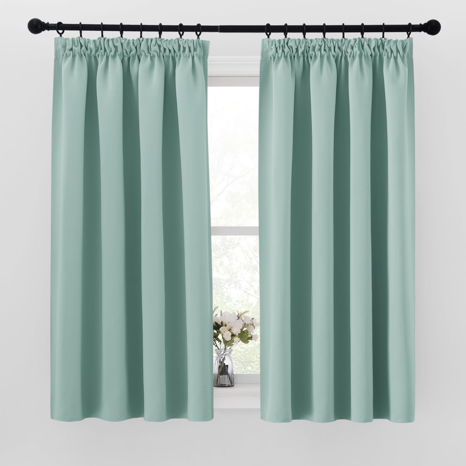 PONY DANCE Pencil Pleat Blackout Thermal Insulated Curtains - Bedroom Privacy Protected Room Darkening Super Soft Window Curtains for Living Room, Kitchen, 2 Panels, Light Green, W46 X L54 — image 1
