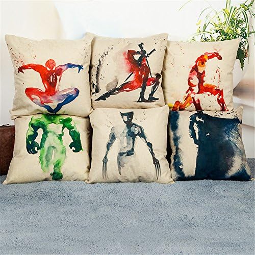 WeSurprise Set of 6 Cute 18X18 Inches Cotton Linen Superhero Throw Pillow Case Personalized Cushion Cover New Home Office Indoor Decorative Square Bolster for Birthday, Festival Gift (Superhero)