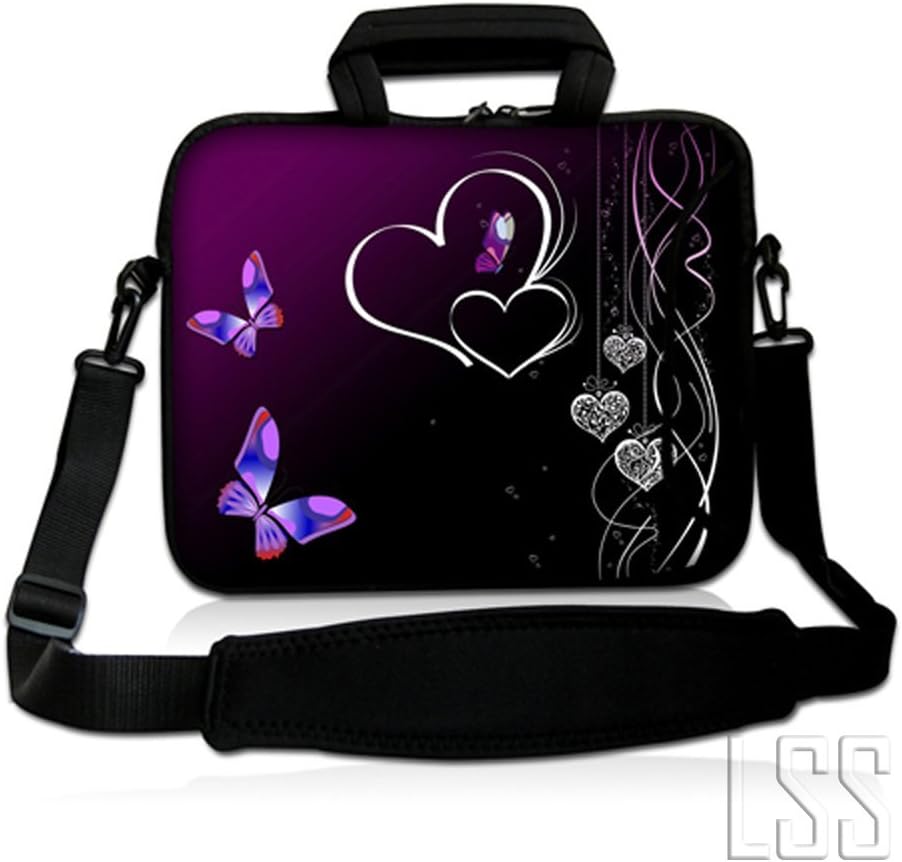 LSS 13.3 inch Laptop Sleeve Bag Compatible with Acer, Asus, Dell, HP, Sony, MacBook and More | Carrying Case Pouch w/Handle & Adjustable Shoulder Strap,Butterfly Heart Floral