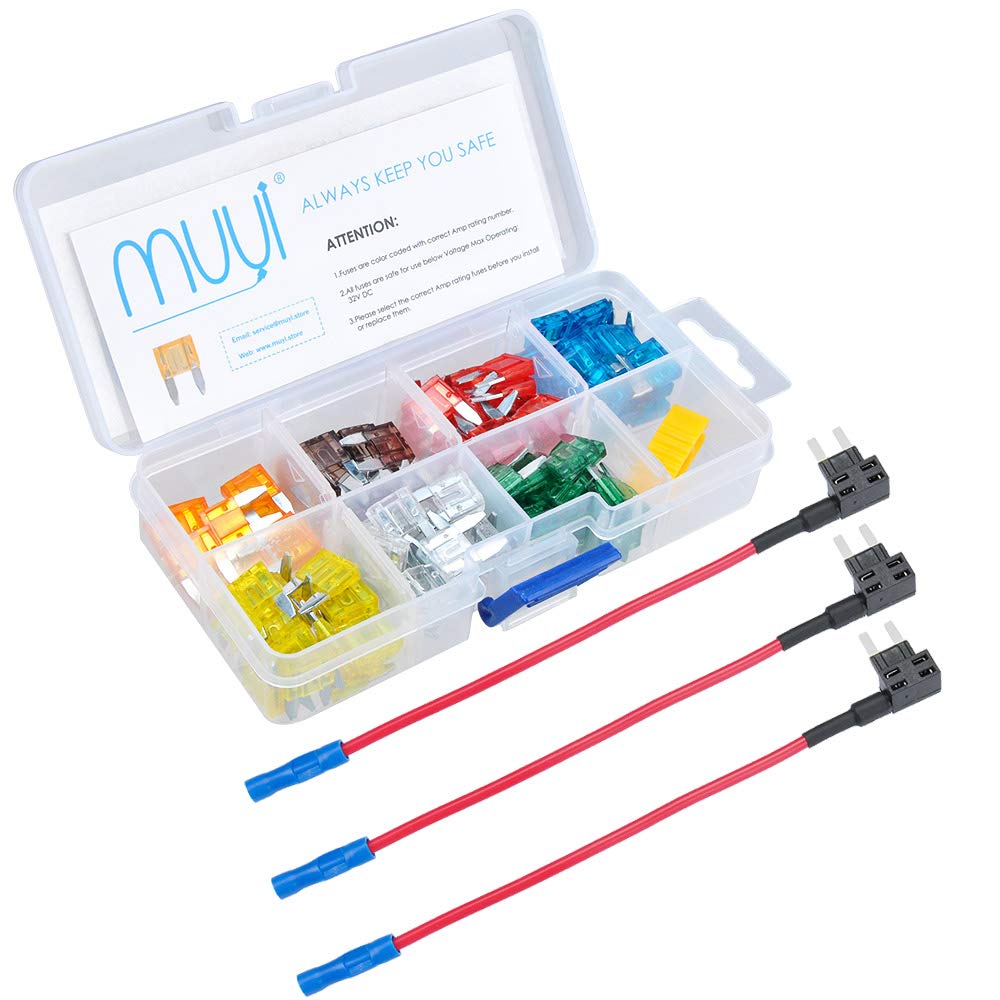 MUYI 120 Assorted Mini Blade Fuses with 3 Pack Add-A-Circuit 14 gauge Fuse Tap for ATM/Mini Blade Fuse, Great for Car, Boat, Marine