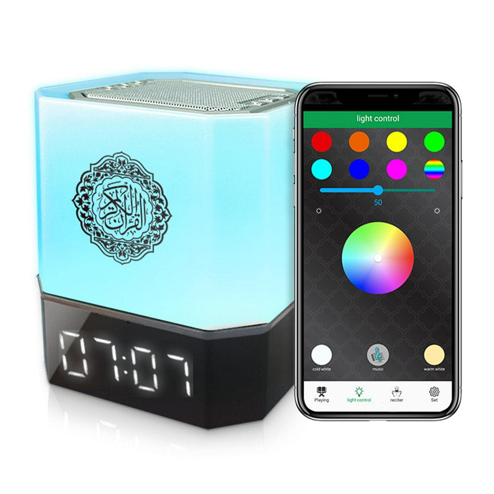 DASNTERED Muslim Quran Bluetooth Touch Light Speaker, Quran Bluetooth Speaker LED Clock 7 Colors Changing Portable RGB USB Touch Lamp(As Shown)