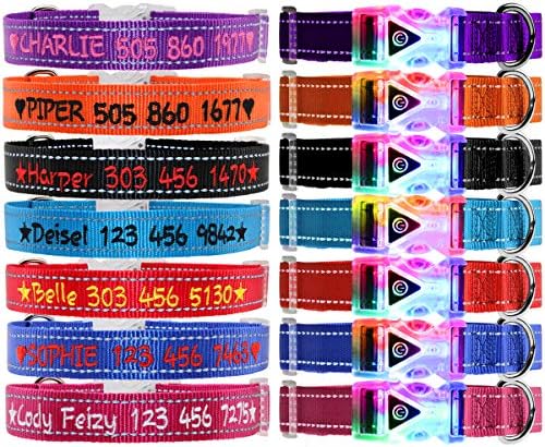 FunTags Personalized LED Dog Collars,Personalized Embroidered Dog Collars with Phone Number and Pet Name