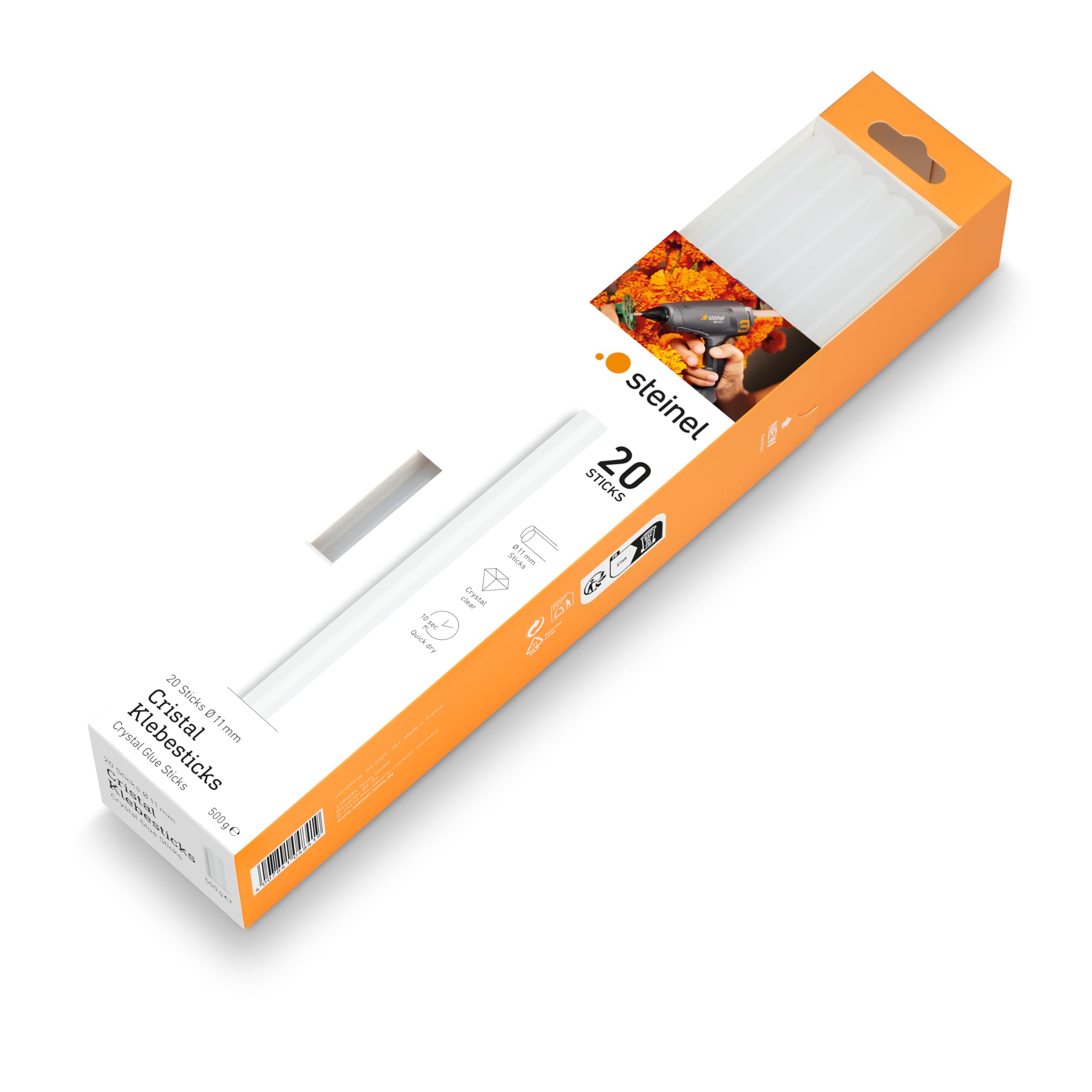 Steinel Cristal glue sticks 11 mm, 20 sticks, 500g, transparent hot-melt adhesive for barely visible glue joints