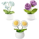 Orichane 3pcs Crochet Flowers Pot Set with Daisy Rose and Forget Me Not Small Potted Flowers Crochet Gift for Mom Wife Mothers Day Birthday Decor for Home Office