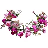KorViSHOW Pink Fairy Flower Crown, Artificial Rose Floral Headpiece, Woodland Forest Flower Headband, Renaissance Hair Accessory for Women Girls Maternity Birthday Wedding Festival Party Hairband