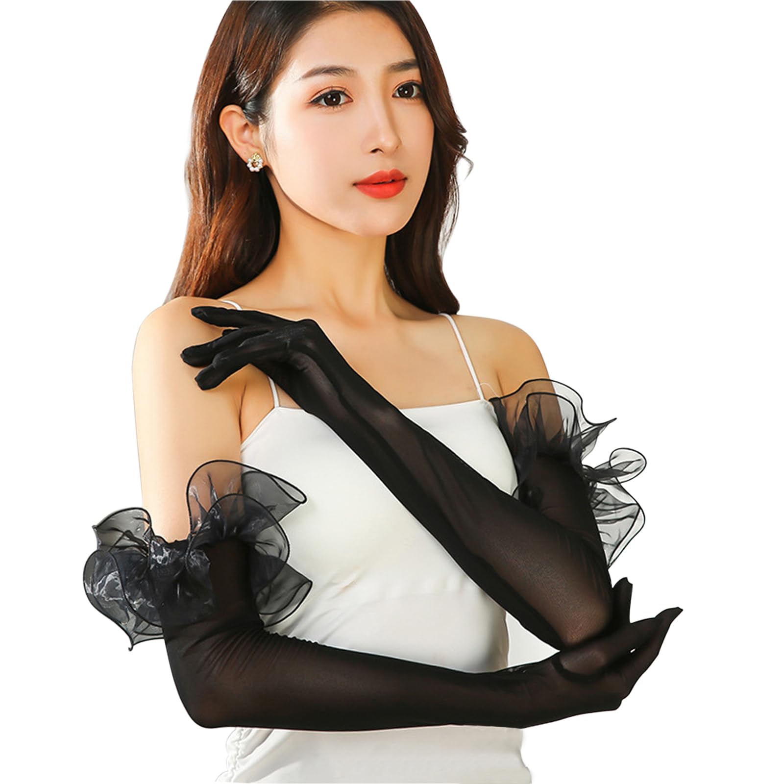 OhMill Bridal Gloves Floral Cuff Elegant 55cm Long Elastic See Through Tulle Bridesmaid Wedding Gloves Evening Party Gloves