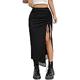 SHENHE Women's High Slit Skirt Mesh High Waisted Drawstring Ruched Party Club Summer Midi Skirts