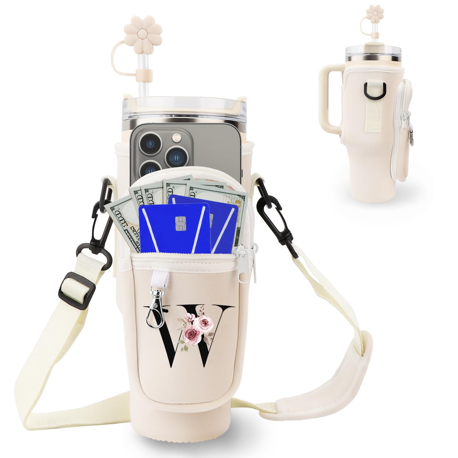 Initial Personalized Water Bottle Bag for Stanley 40oz Tumbler,with Phone Pocket,Neoprene Water Bottle Carrier with Adjustable Strap and Straw Cover & Carabiner,for Stanley Cup Accessories(W)