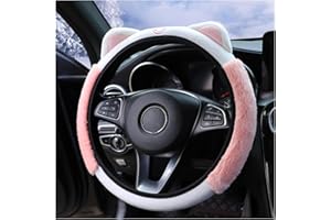 Bittwee Car Steering Wheel Cover, Fluffy Soft Plush for Winter Warm, Cute Steering Wheel Protector with Kitty Cat Ears, Universal 15 Inch, Elastic & Anti-Slip, Lovely Decor Car Accessories (Pink)