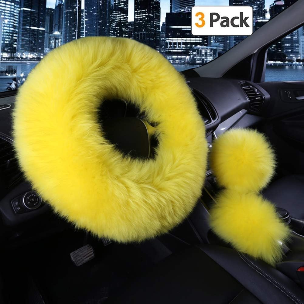 Car Steering Wheel Cover Gear Shift Handbrake Fuzzy Cover 1 Set 3 Pcs Multi-Colored with Winter Warm Pure Wool Fashion for Girl Women Ladies Universal Fit Most Car(Yellow)