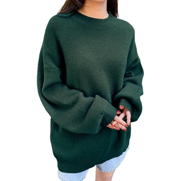 トップス Wool Oversized Sweat - Dark Green Sweaters for Women Fall Fashion 2023 Solid Drop Shoulder