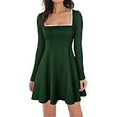 Aisbei Women's Square Neck Dress Casual Long Sleeve Ruffle A Line Flare Party Club Mini Short Dress