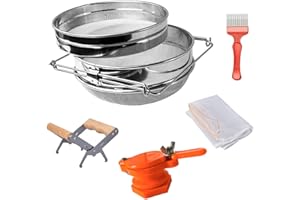 MayBee Double Sieve Honey Harvesting Kit for Beekeepers, Beekeeping Starter Kit Set of 5, Double Sieve Honey Strainer Stainless Steel, Frame Grip, Uncapping Fork, Honey Gate, Honey Filter Bag