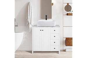 Puluomis 32 Inch Traditional Bathroom Vanity Set in White Finish, Single Bathroom Vanity with Marble Texture Top and 4 Drawers, Square White Ceramic Sink Top with Single Faucet Hole
