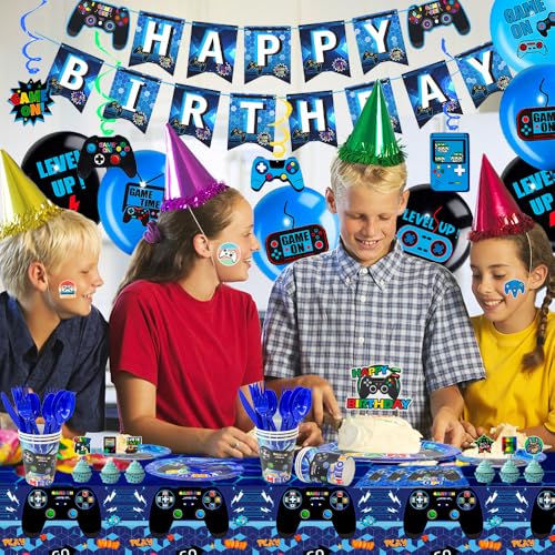 Video Game Birthday Supplies for 16 Guests, 213pcs Games Party Tableware Set - Blue Plates Cups Napkins Tablecloth Balloons Banner Hanging Swirls etc Video Game Party Decorations