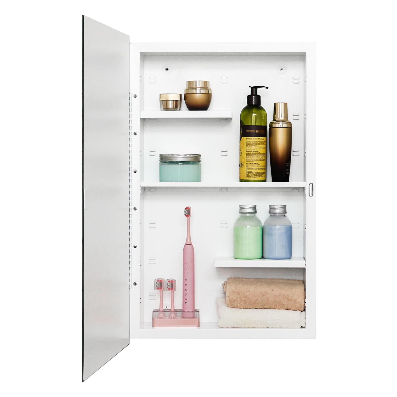 Photo 1 of (DAMAGED) (USED/FAIR) Fundin White Medicine Cabinet Recessed or Surface Mount, Bathroom Medicine Cabinet with 16 x 26 Beveled Mirror and Adjustable Staggered Shelves