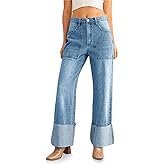 PLNOTME Womens Baggy Cuffed Jeans Casual Straight Leg Boyfriend Denim Pants with Pockets