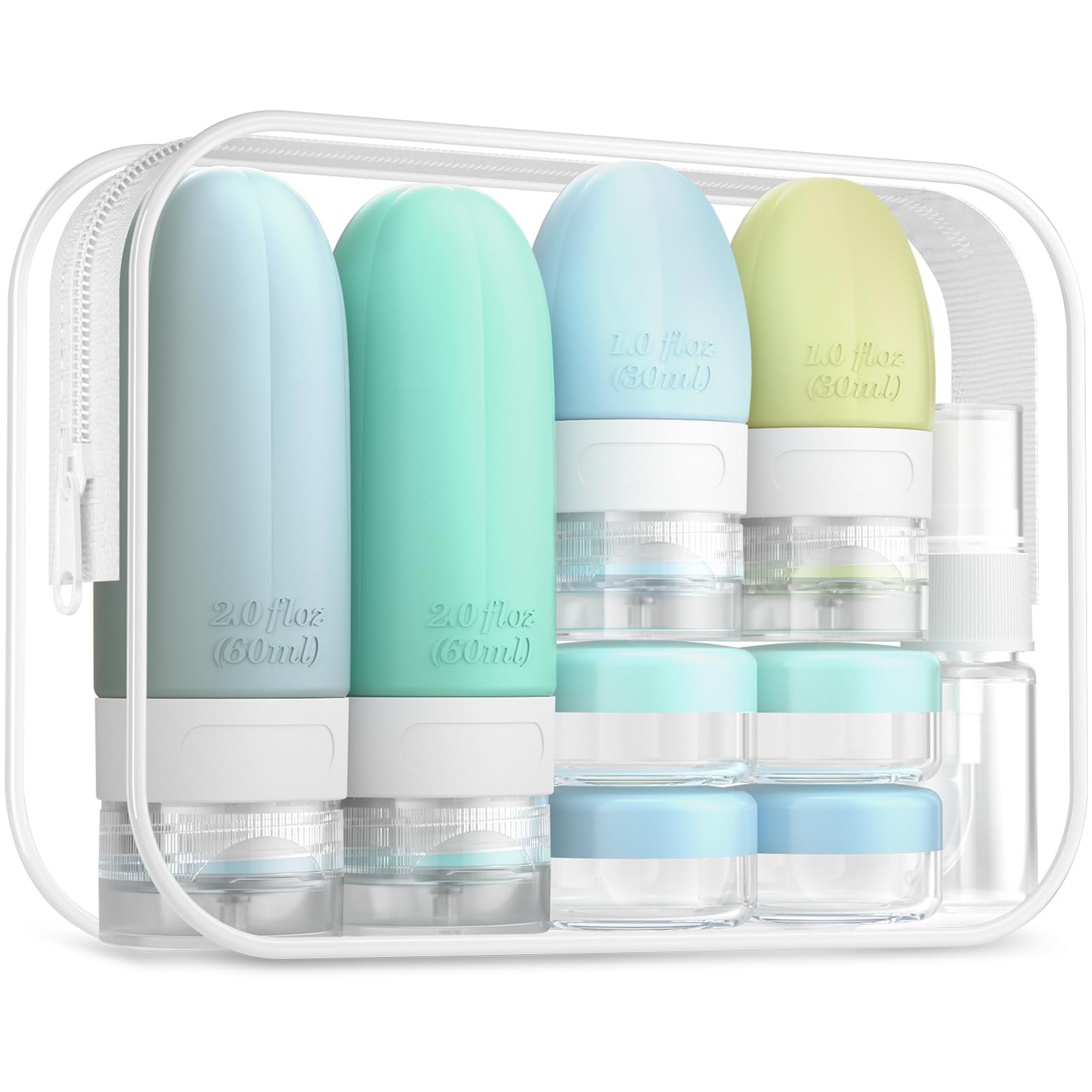 Gemice 16 Pack Travel Bottles Set, CAA Approved Leak Proof Silicone Squeezable Containers for Toiletries, Refillable Accessories 60ml 30ml for Conditioner, Shampoo, Lotion & Body Wash (BPA Free)